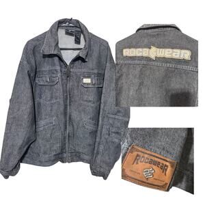 Vintage Rocawear Denim Trucker Jacket Mens 2XL Grey Jean full zip Y2K spell out
